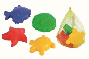 4 Sandformen im Netz Schildkröte, Muschel, Fisch und Seestern