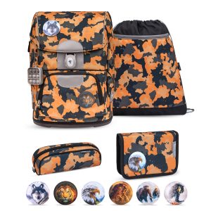 Rucksack Motion ergonomisches SchulranzenSet 5-teil. Orange Camouflage