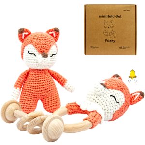 Handgestrickter Fuchs Fuzzy Set Babyrassel Holz Baumwolle 15 cm